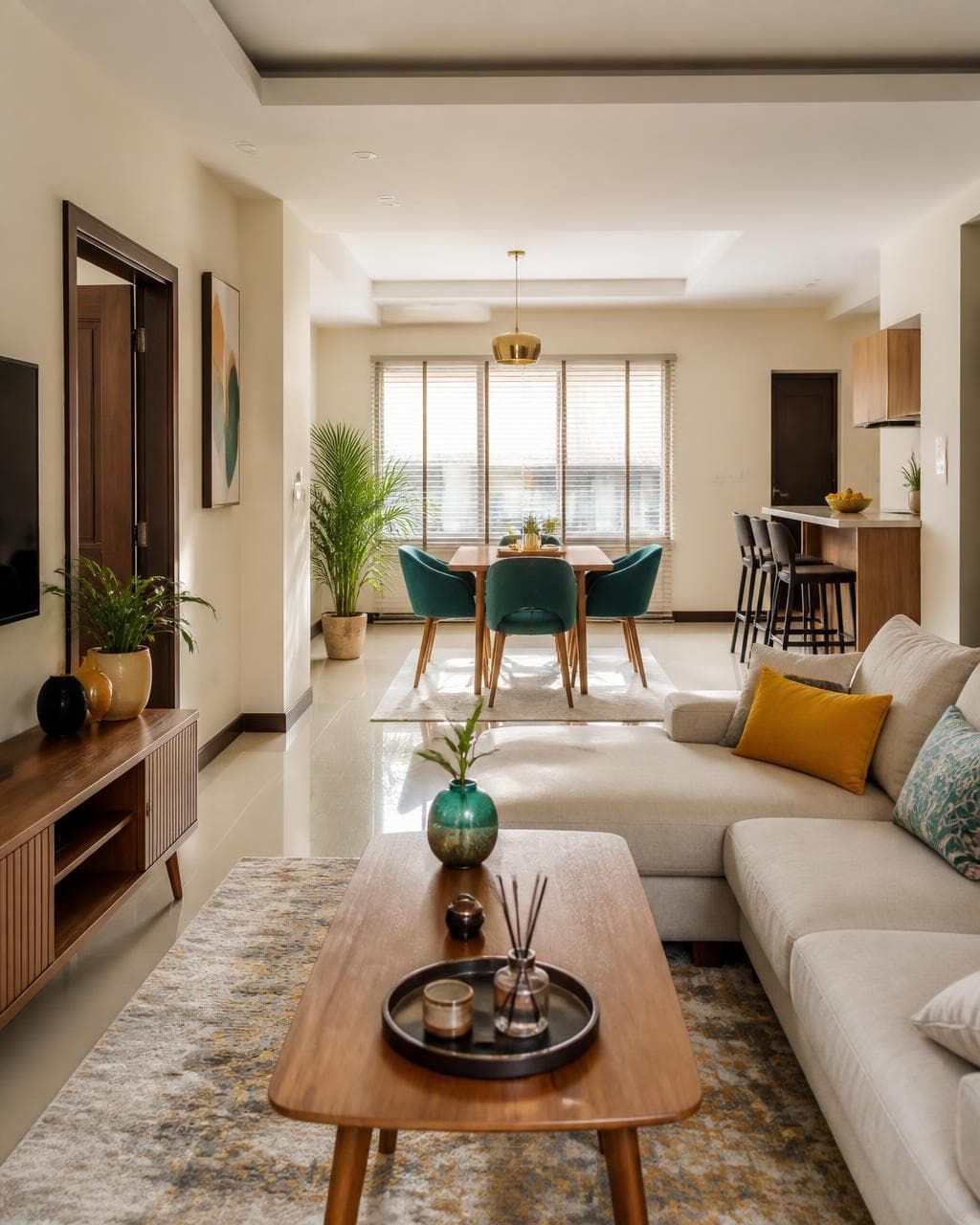 Bright apartment living room with warm natural light