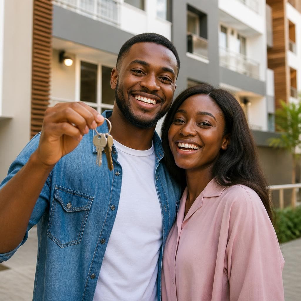 Couple holding keys outside their home